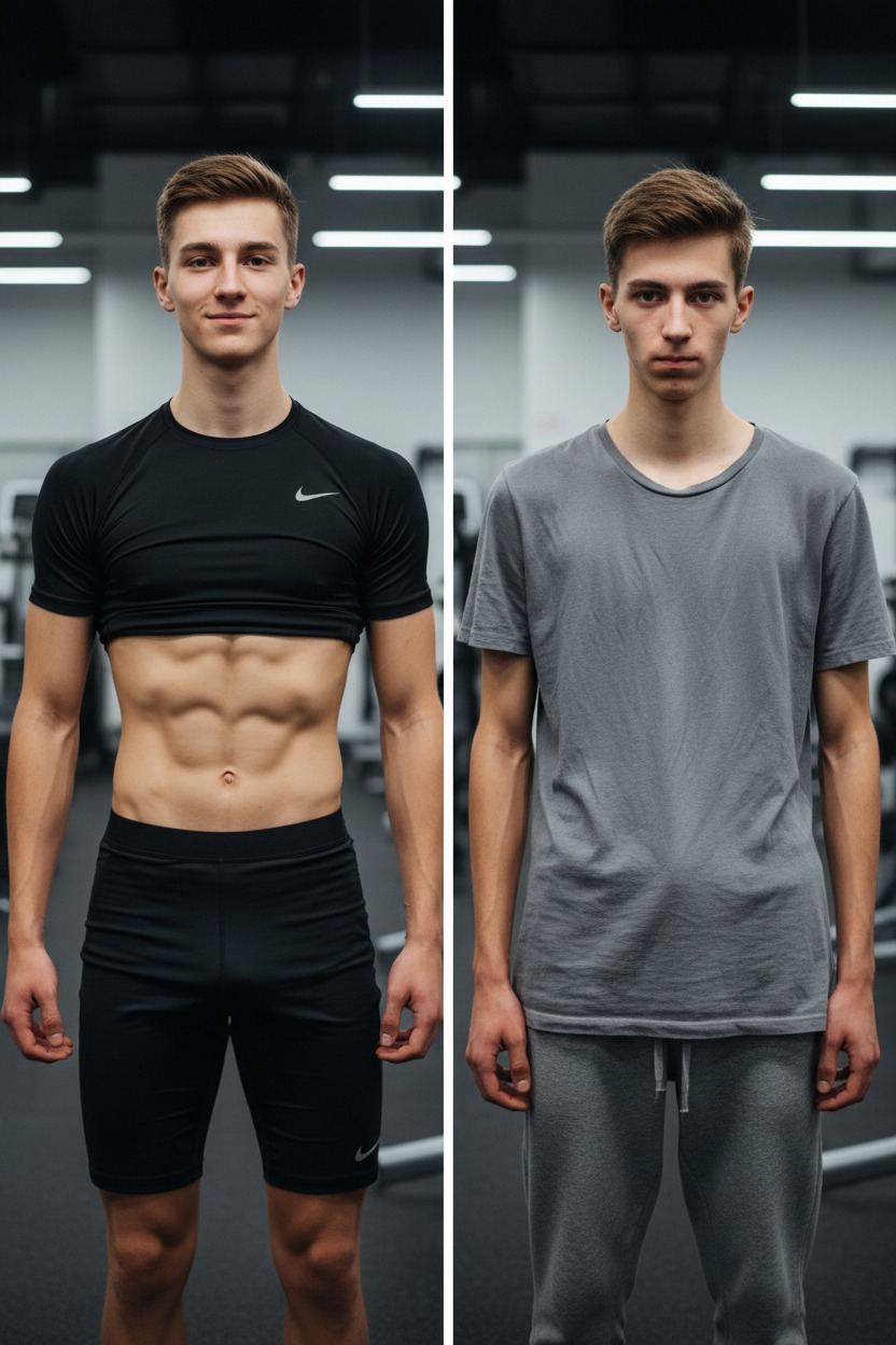 Un giovane uomo in palestra è mostrato prima e dopo l'allenamento, con un fisico più tonico e muscoloso a sinistra rispetto a destra.
